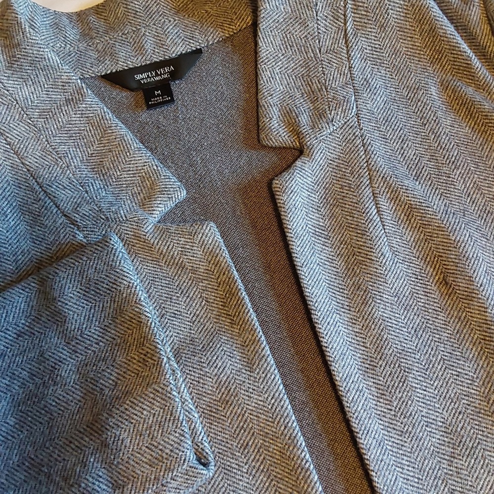 Vera Wang Women's Size Medium Gray And White Harringbone Open Cardigan Blazer